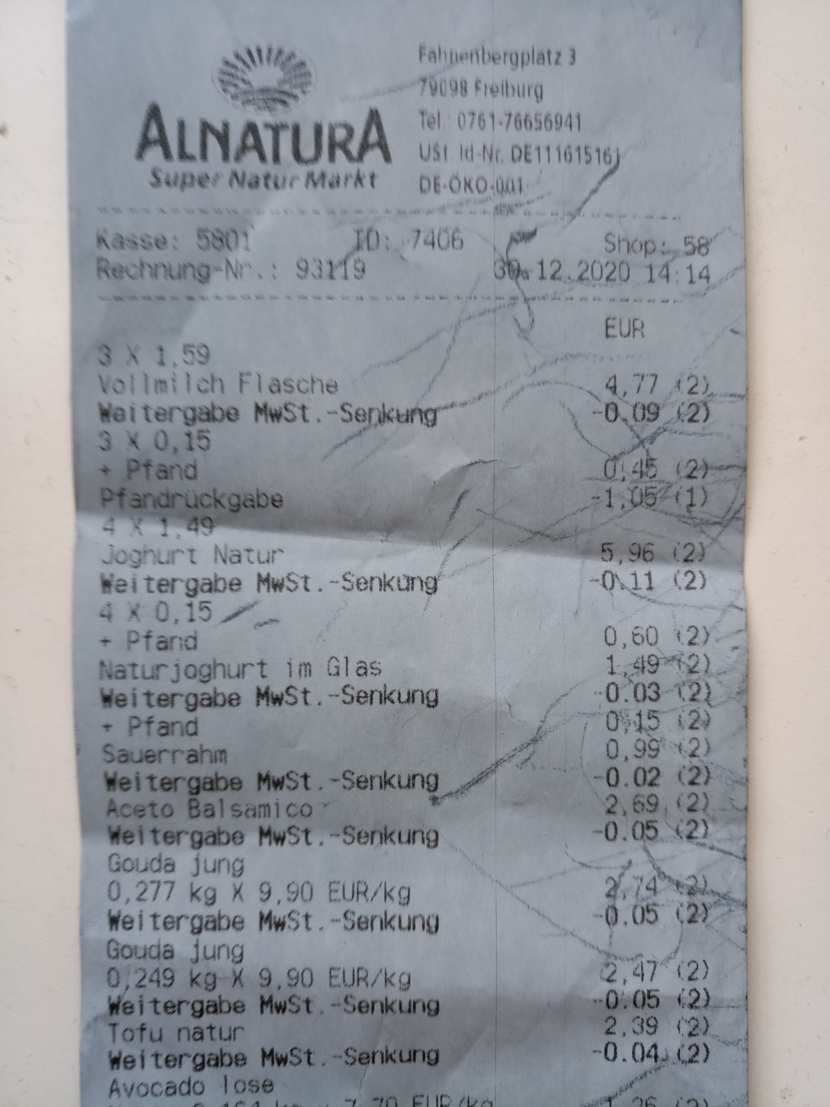 Alnatura-Beleg mit Mehrwertsteuersenkung